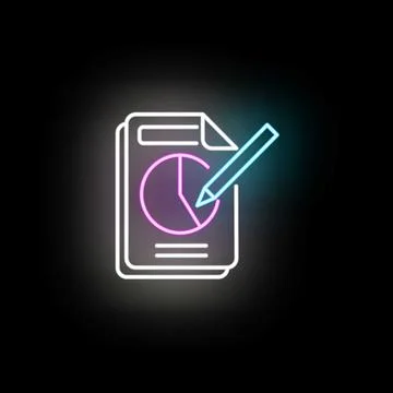 Document with pie chart and pencil icon in neon style 스톡 일러스트