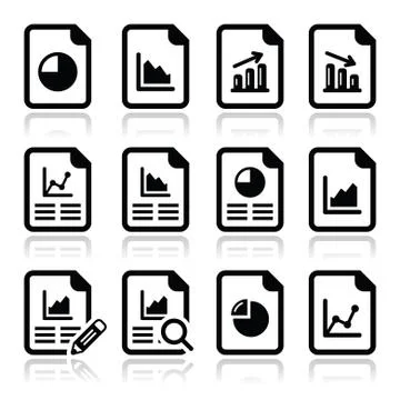 Document with pie chart, graph icons set Stock Illustration