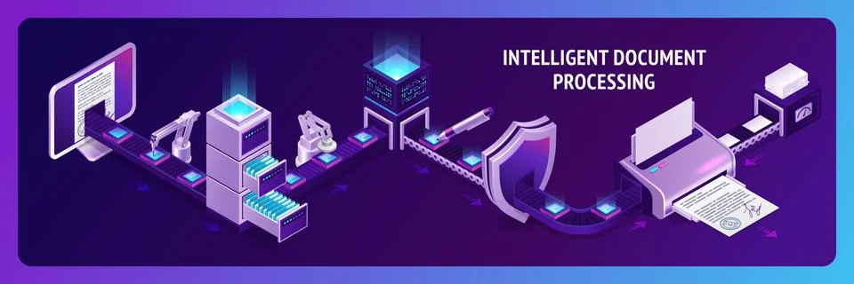 Document processing isometric landing page, banner Ilustración de archivo