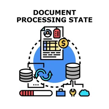 Document processing state with data workflow and digital management Illustrazione stock