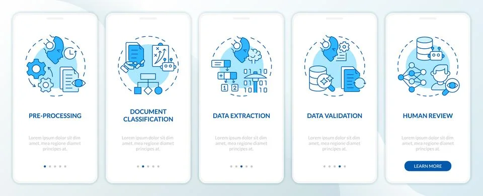 Document processing steps onboarding mobile app screen Stock Illustration