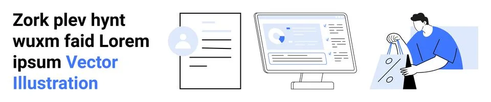 Document with profile icon, computer screen with padlock symbol, person shopp Stock Illustration