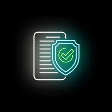 Document with protection shield and checkmark neon icon Illustration