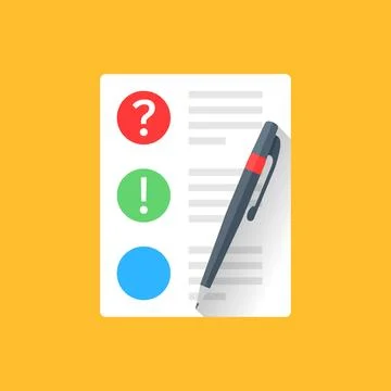 Document with question mark and pen icon in flat style. Quiz survey vector .. 스톡 일러스트