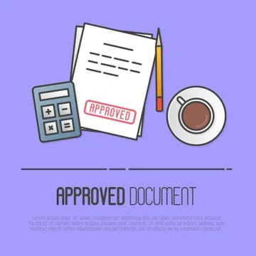 Document with red stamp Approved. Calculator, cup of coffee, pencil Illustrazione stock