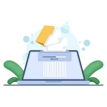 Document removal process with delete icons and paper shredder Illustrazione stock