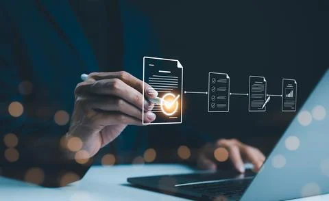 Document Review and Quality Control Process. businessman using laptop, Stock Photos