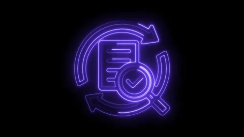 Document review process with check mark icon and arrows in neon glow effect Stock Footage 346000507