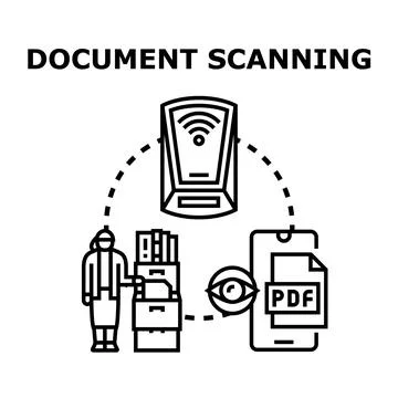 Document scanning process transferring information to digital files Stock Illustration