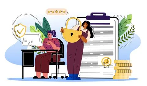 Document security concept. Woman with padlock near contract and agreement Stock Illustration