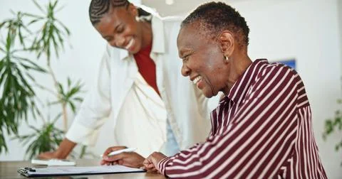 Document, senior mother and help with woman for finance, policy clipboard o.. Stock Photos