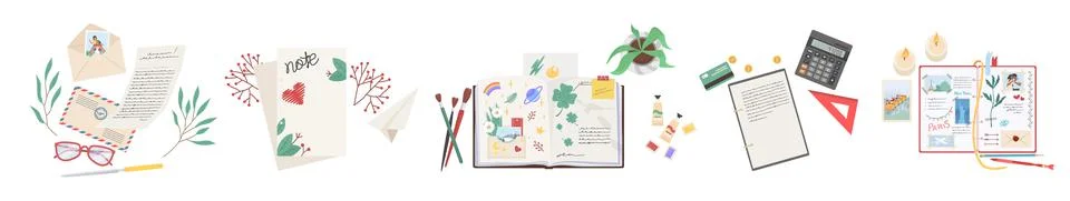 Document set, vector letter, sketchbook, wish list Stock Illustration