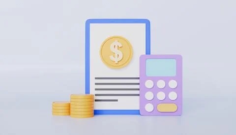 Document sheet with calculator and coin stack, income and tax, accounting Stock Illustration