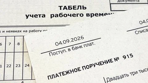 This document shows a Russian work time record table. Russia. Moscow. 12.09.26 Stock Photos