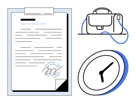 Document signed with a pen, business briefcase, and wall clock showing time.  Stock Illustration