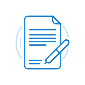 Document signing vector line icon. Sheet of paper with terms of deal and pen. Stock Illustration