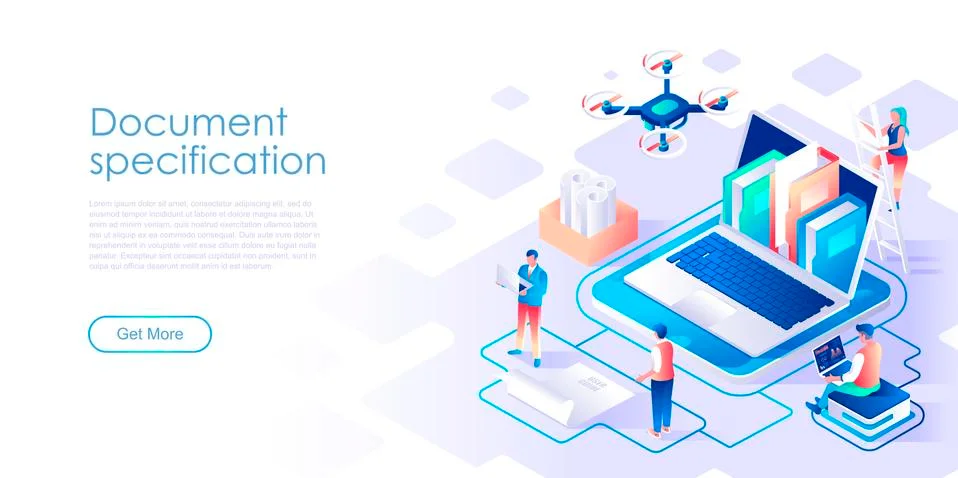 Document specification isometric landing page Stock Illustration