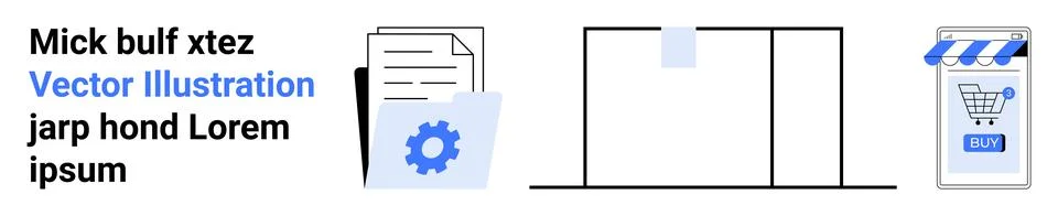Document stack with blue gear, simplistic bar graph, BUY button on shopping i Stock Illustration