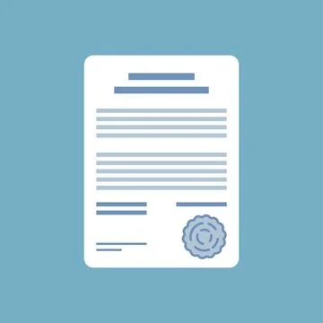 Document with stamp and text icon in flat style. White papers vector illust.. Stock Illustration