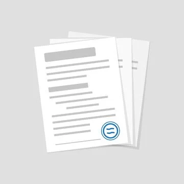 Document with stamp and text icon in flat style. White papers vector illust.. Stock Illustration