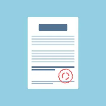 Document with stamp and text icon in flat style. White papers vector illust.. Stock Illustration