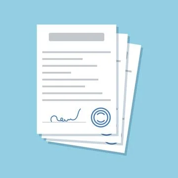 Document with stamp and text icon in flat style. White papers vector illust.. Stock Illustration