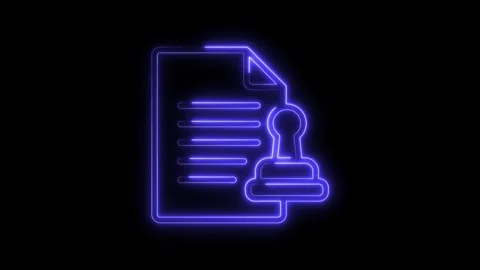 Document with stamp neon glow animation on black background represents approval Video stock 322966495
