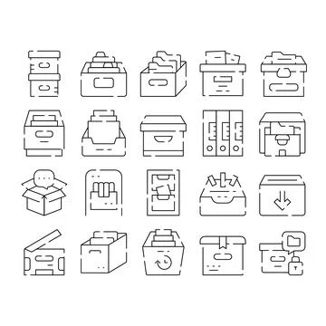 Document storage and archive file box icons set Stock Illustration