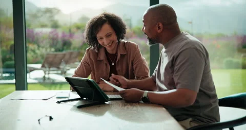 Document, tablet and people high five in home for contract, agreement or Stock Footage 335512003