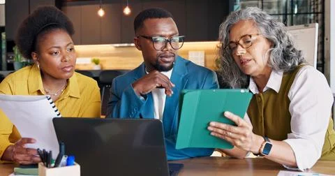 Document, tablet and planning with business people, team solution or proper.. Stock Photos