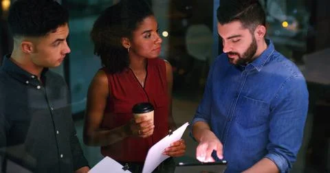 Document, tablet and team in office for planning, insurance idea or insight.. Stock Photos