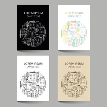 Document template with houses doodles in circle Stock Illustration