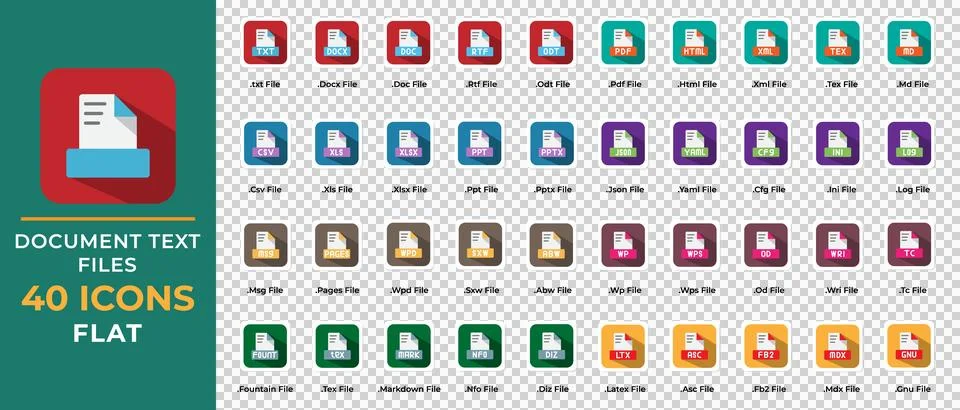 Document text file flat icon set. txt, ppt, pdf, doc, csv, files format Stock Illustration