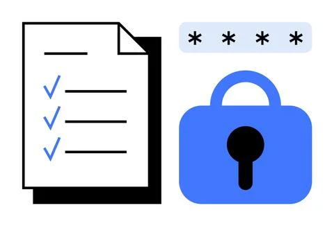 Document with three checkmarks and a blue lock with a password field above. I Illustrazione stock
