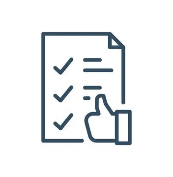 Document with thumb up line icon. Approved file, feedback letter symbol Stock Illustration