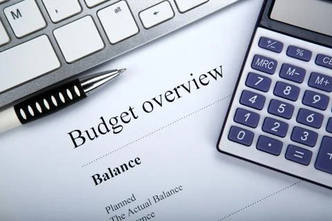Document with title budget overview and keyboard, calculator Stock-Fotos