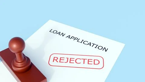 A document titled "LOAN APPLICATION" with a stamp reading "REJECTED" Stock Illustration