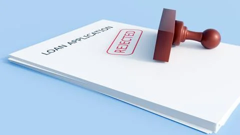 A document titled "LOAN APPLICATION" with a stamp reading "REJECTED" Stock Illustration