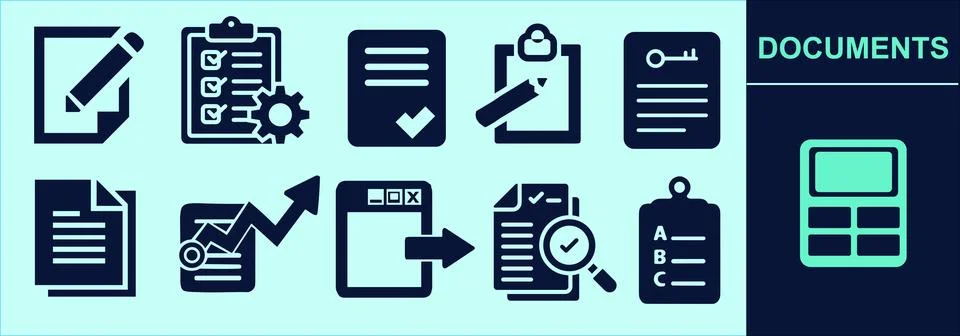 Document types, solid icon set, for presentation, explanation, marketing. Stock Illustration