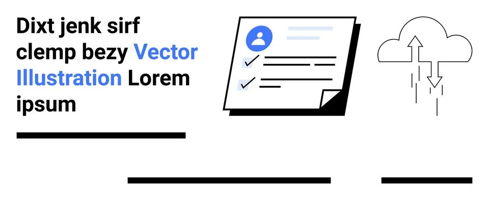 Document with user icon and checklist, cloud symbol with upload arrows. Ideal Stock Illustration