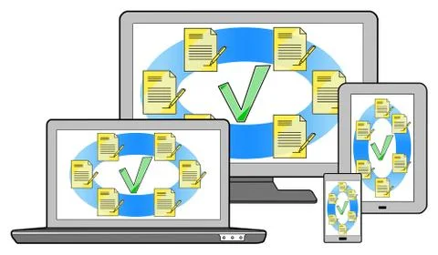 Document validation concept on different devices Stock Illustration
