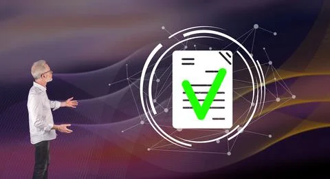 A document validation concept explained by a businessman on a wall screen Fotos de archivo