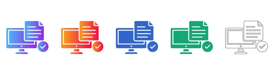 Document Verification Computer Screen Icon Set Stock Illustration