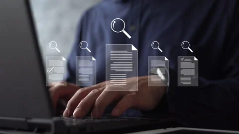 Document verification concept with digital checkmark approval, data analysis Stock Footage 315458199