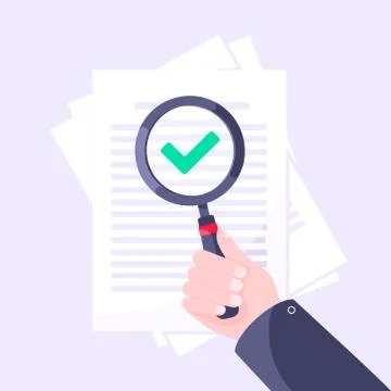 Document verification concept with hand and magnifier, paper sheets and green 스톡 일러스트