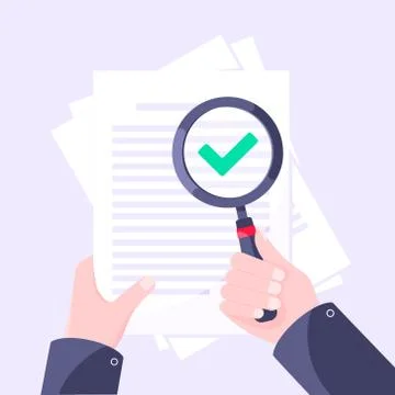 Document verification concept with hand and magnifier, paper sheets and green Stock Illustration