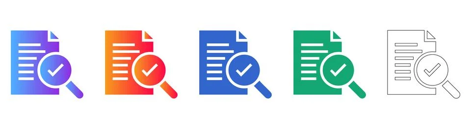 Document Verification Icon Set with Magnifier 库存插图