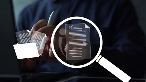 Document verification process with magnifying glass and green check mark sym Stock Footage 317639907