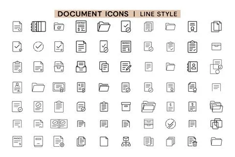 Document Web Icon Set In Line Style Featuring Contract, Folder, Certificate Stock Illustration