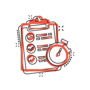 Document witch clock icon in comic style. Checklist survey cartoon vector ill Illustrazione stock